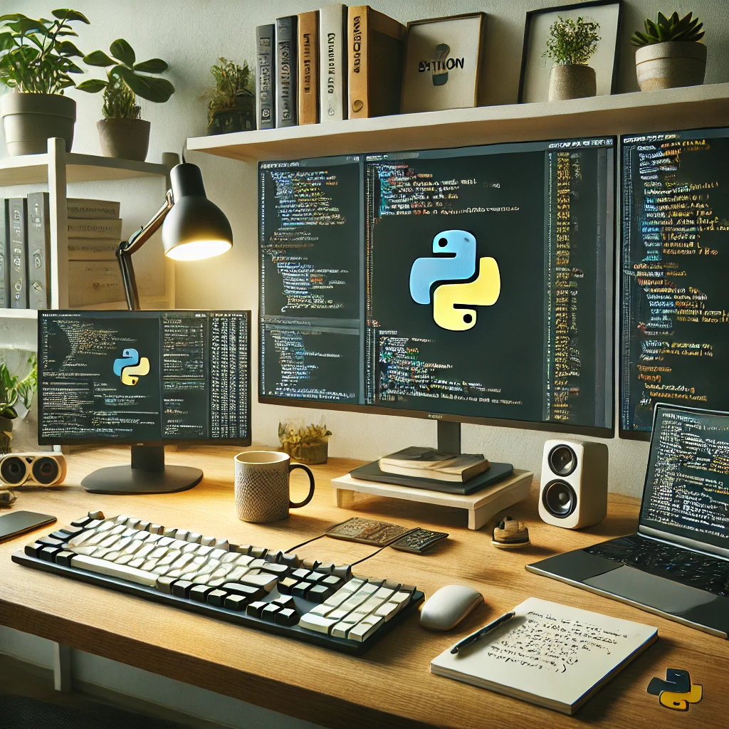 DALL·E 2024-12-15 20.47.39 - A modern workspace for a Python developer. The scene features a sleek desk setup with multiple monitors displaying Python code, debugging tools, and t