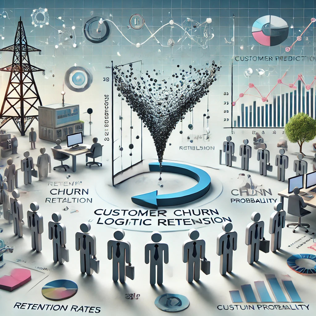 DALL·E 2024-12-16 14.19.22 - A visually engaging image representing customer churn prediction using logistic regression. The scene features a telecommunications company setting, w